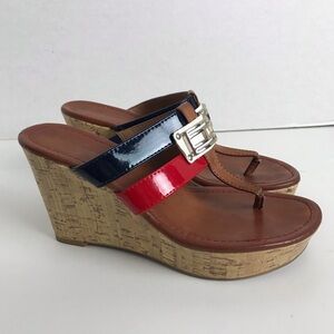 Tommy Hilfiger Womens Y2K T-Strap Cork Wedge Sandals Size 6 Red Blue Preppy